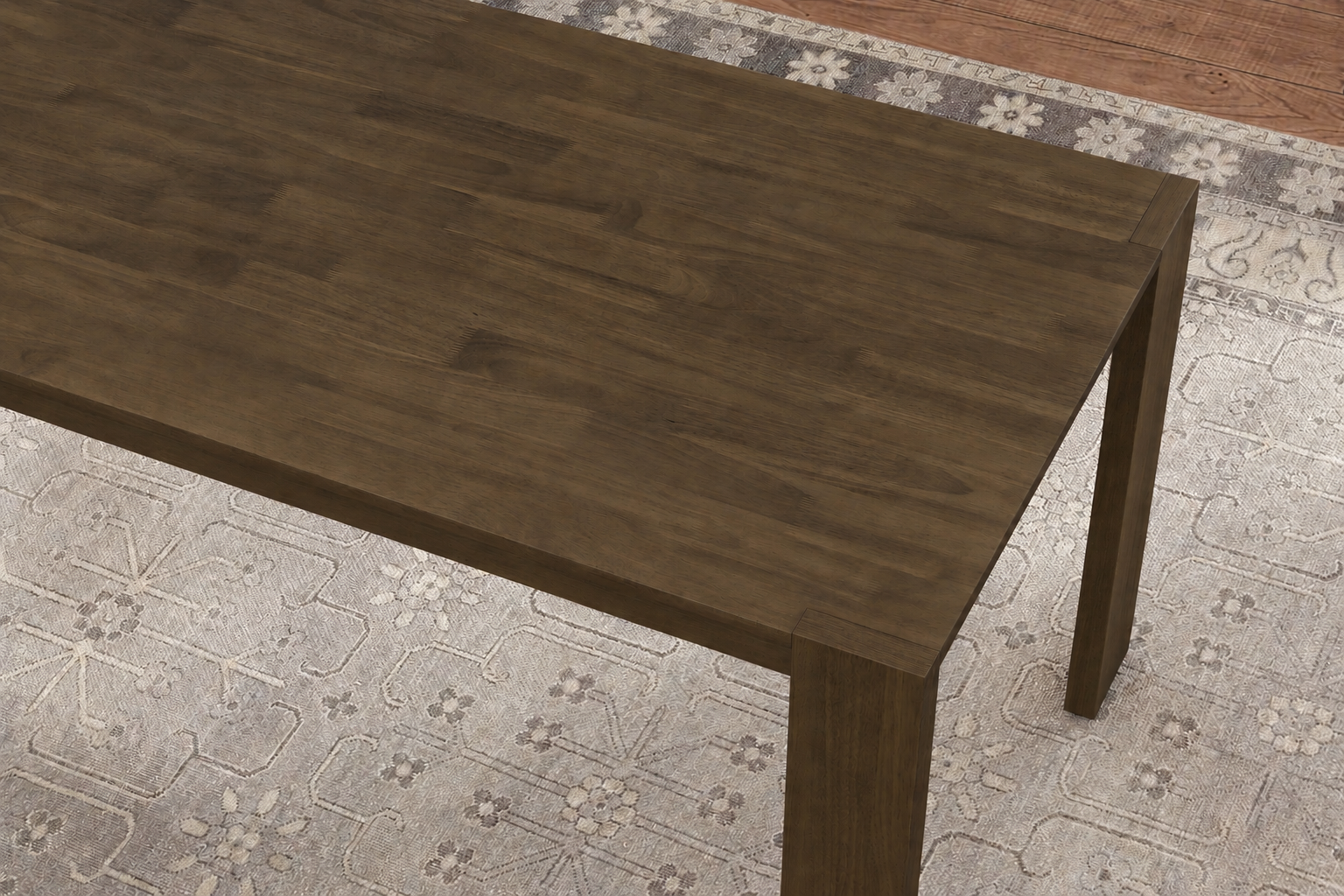 Solid wood dining table available in natural wood and olive brown finishes