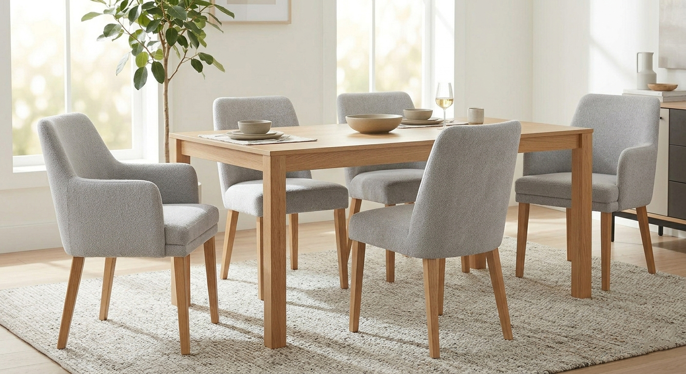 Set of 6 modern upholstered dining chairs including armchairs and side chairs around a light wood rectangular table.