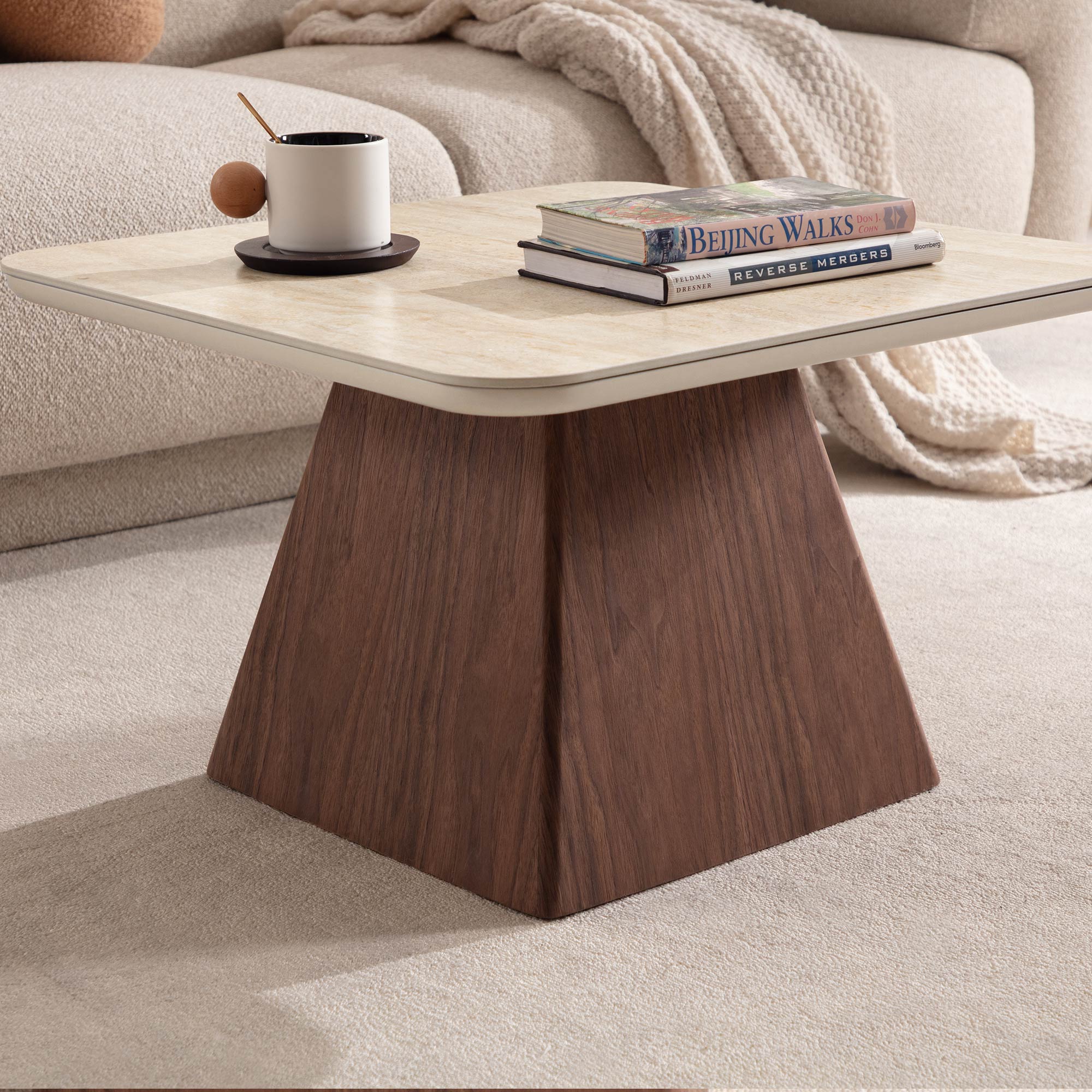 Miller Modern Nesting Coffee Table Set | Travertine & Walnut