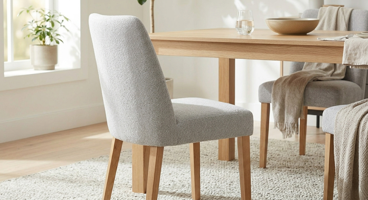 Close-up of a light grey boucl&eacute; modern upholstered dining chair with natural oak legs in a sunlit dining area.