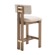 rear view of beige upholstered counter stools set of 2 with light brown wood legs and gold accents for kitchen island seating