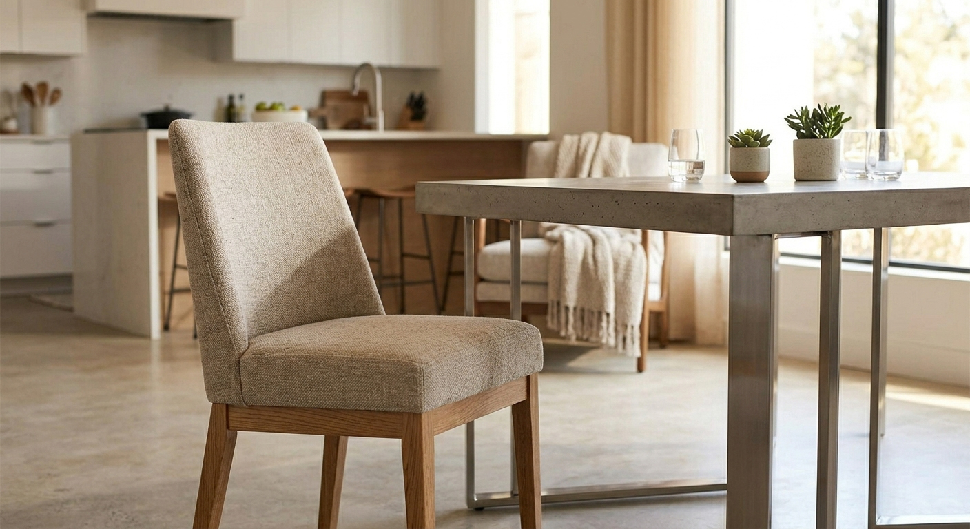 Beige modern upholstered dining chair with mid-century style wooden legs in a minimalist bright dining room setting.
