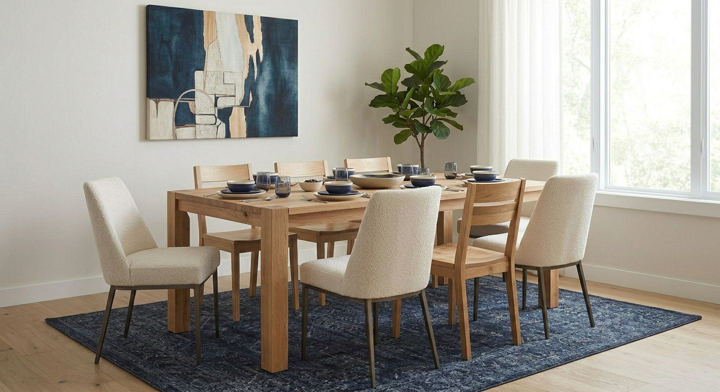 Scandinavian style dining space with six cozy modern upholstered dining chairs and a large dark blue area rug.