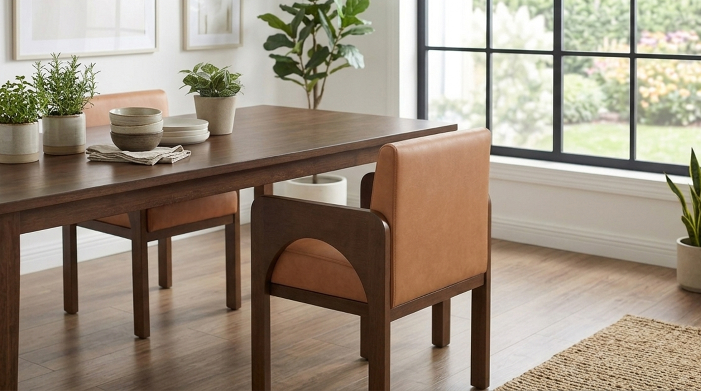 Modern farmhouse leather dining chairs with high-density foam padding and sturdy wood frame.
