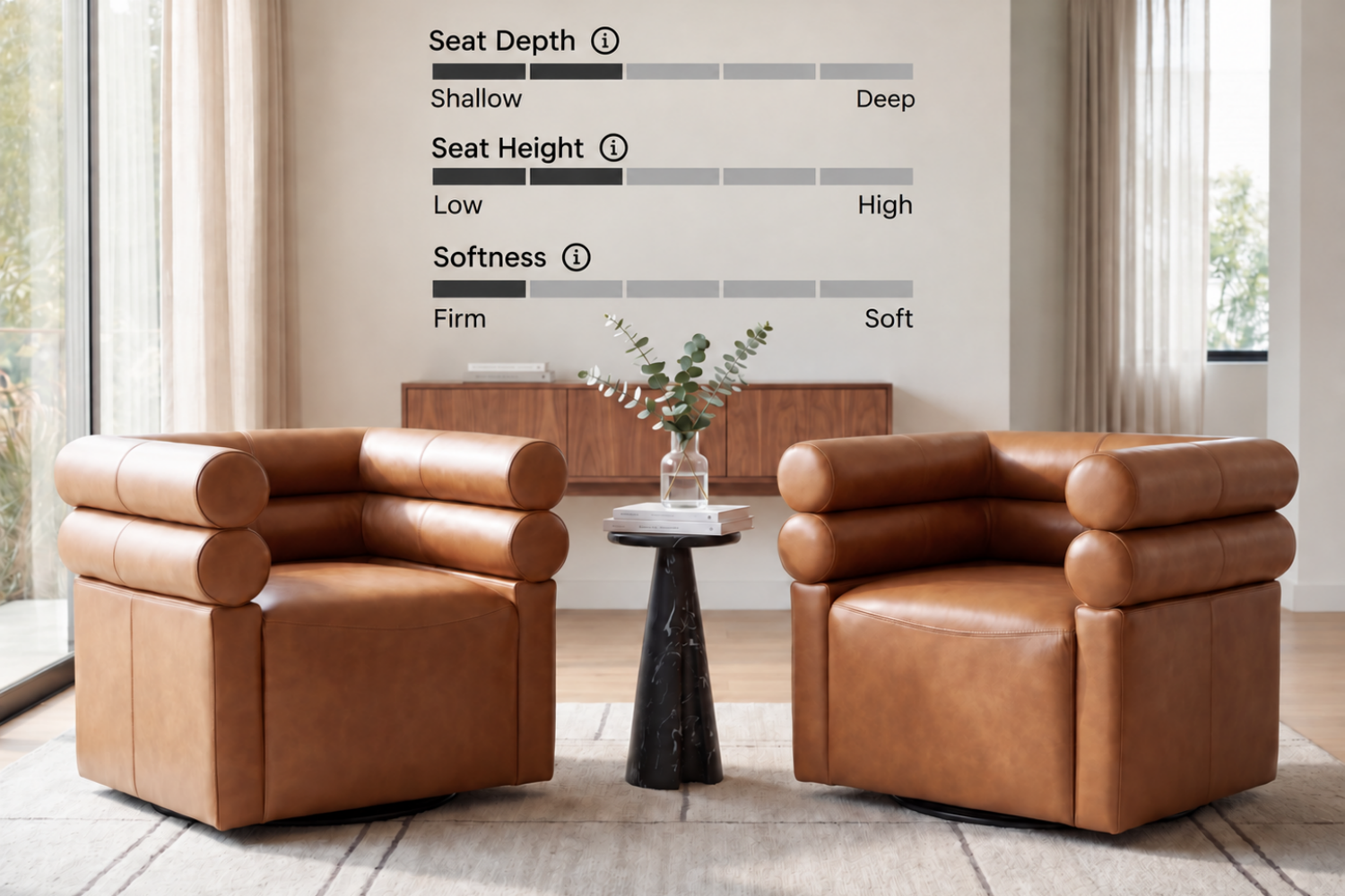 Easy-care genuine leather upholstery on the swivel lounge chair