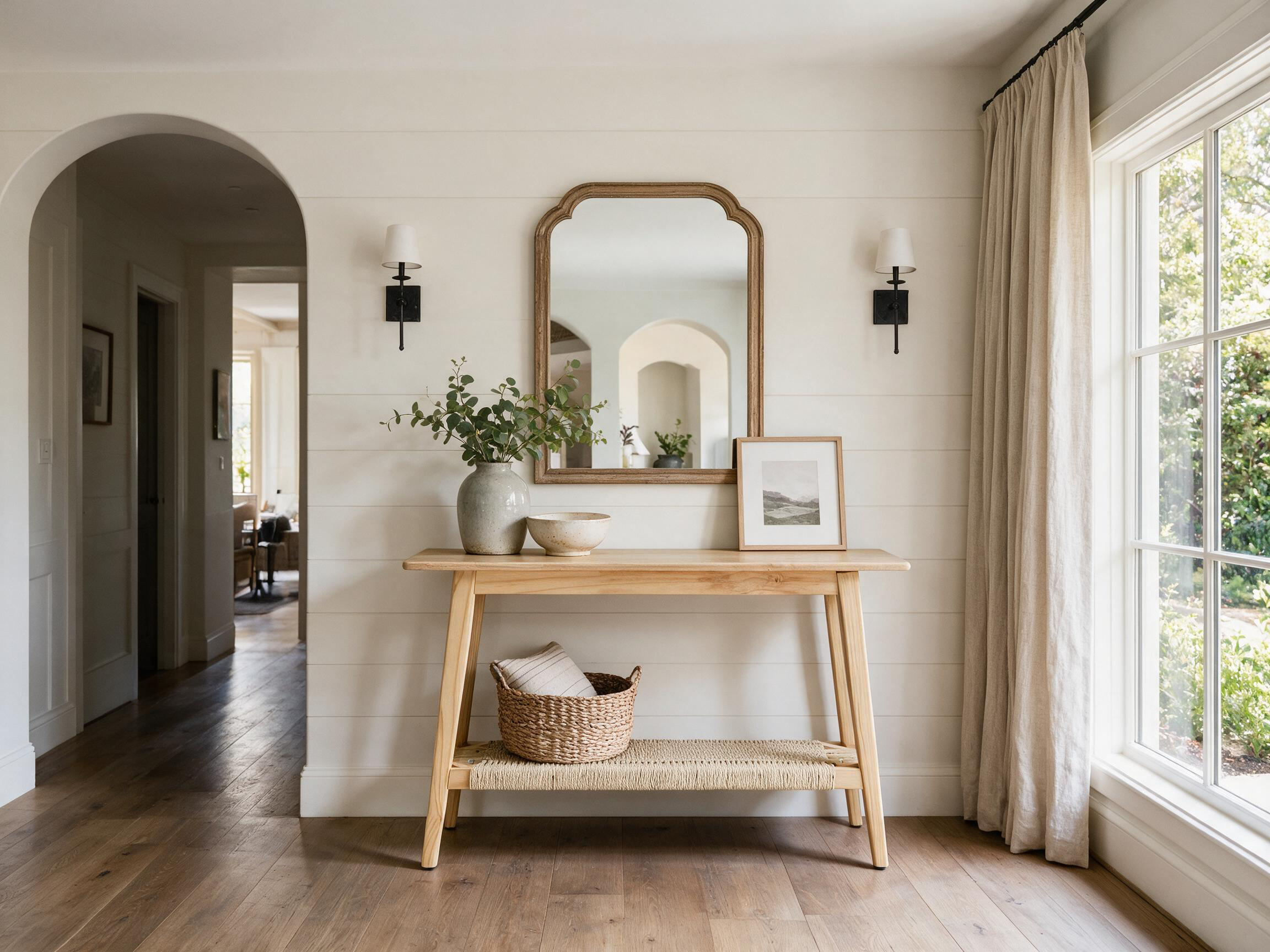 Console table with spacious tabletop, drawers, and woven lower shelf