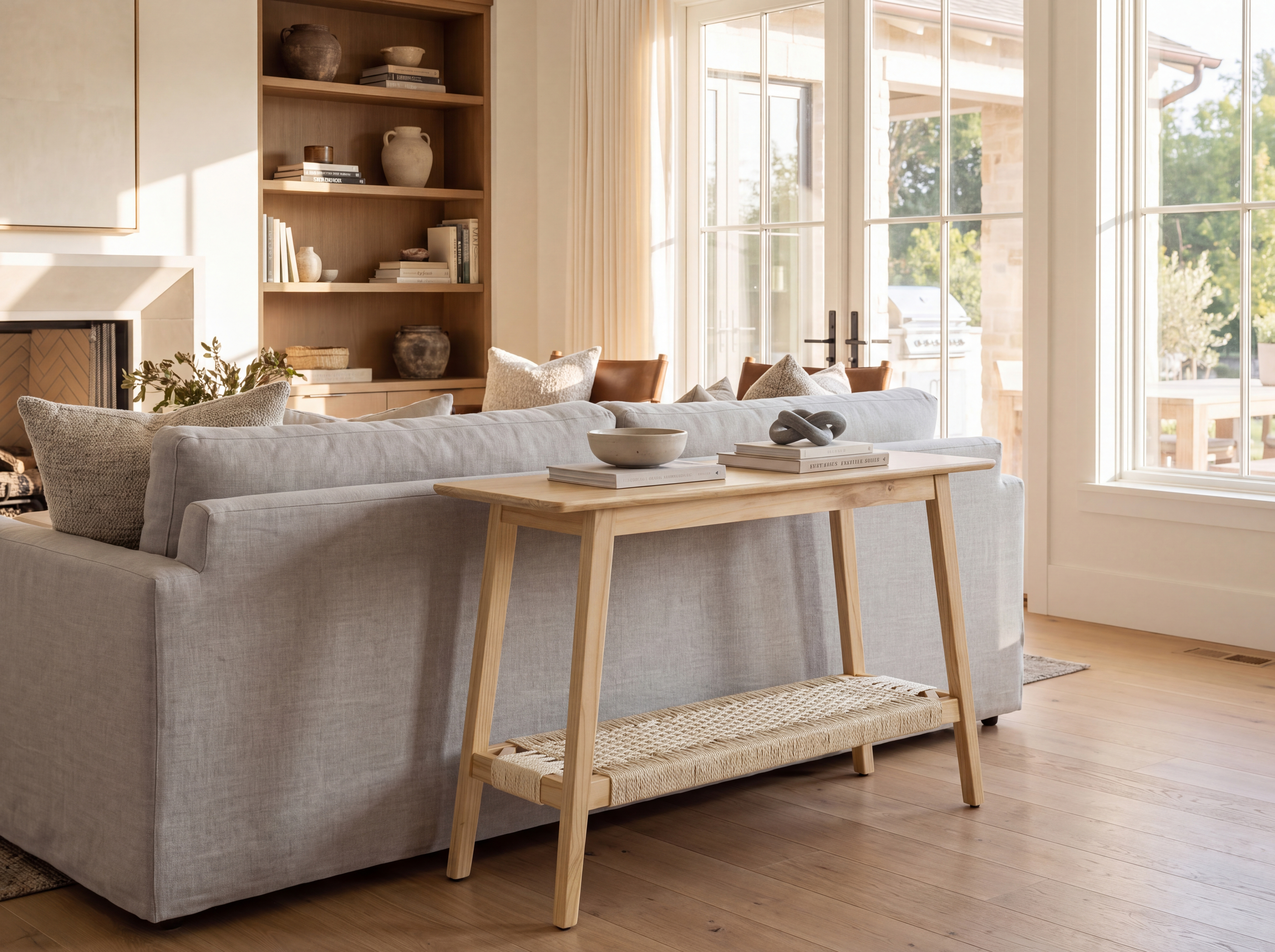 Karen 46-inch farmhouse console table styled in an entryway