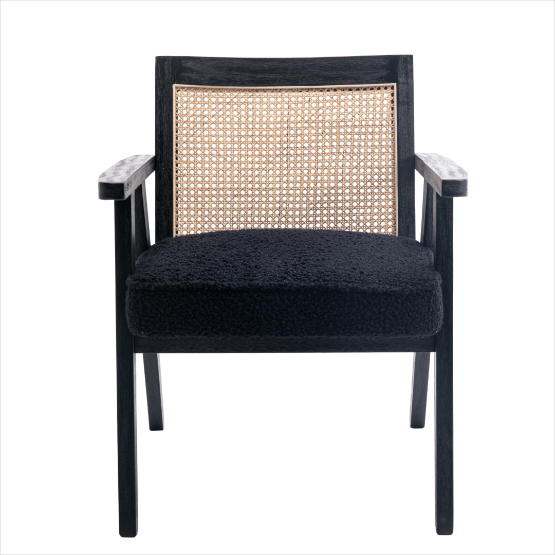 Linen Upholstered Cane Lounge Chair with Wooden Legs
