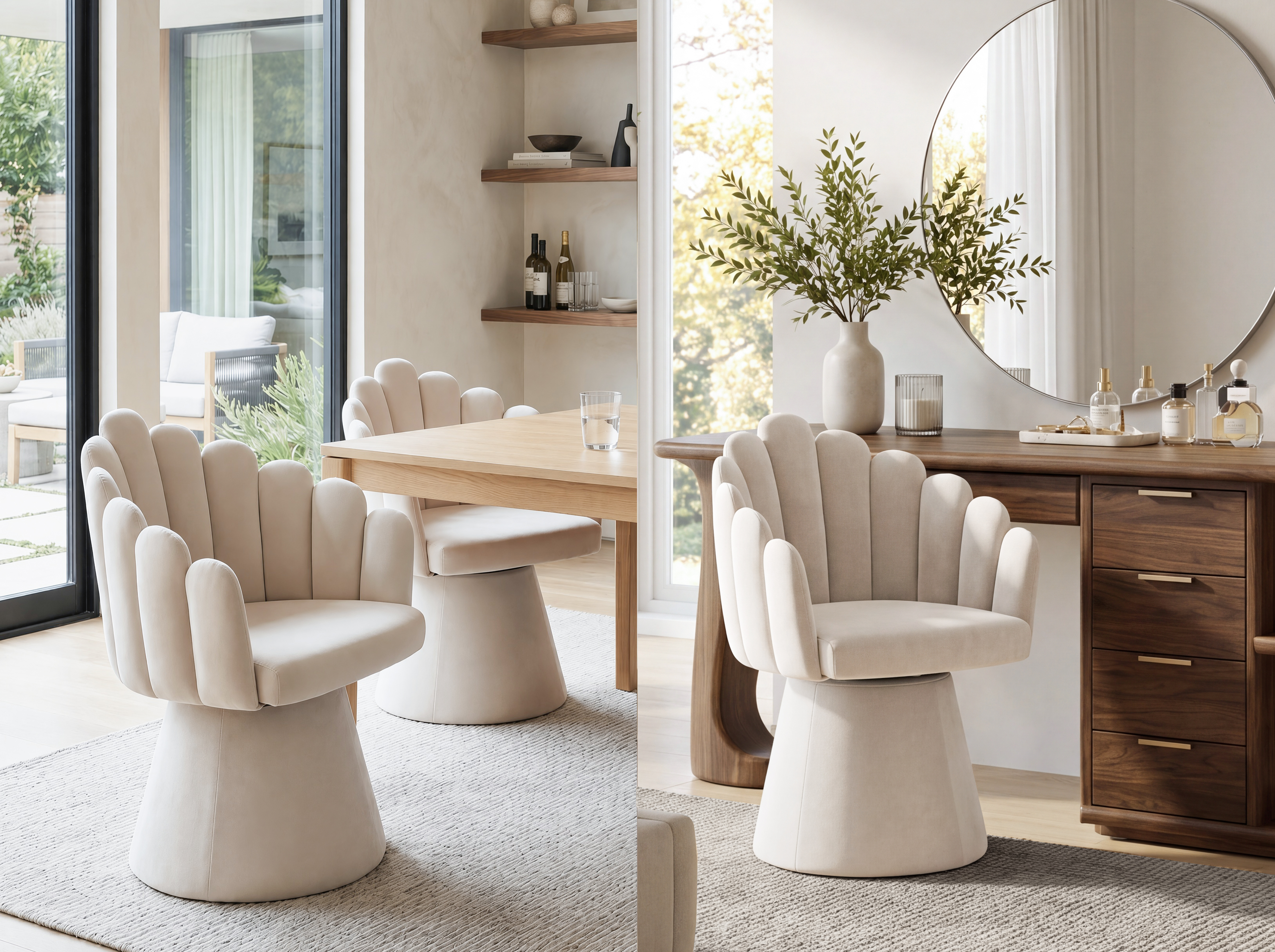 Winnie chenille swivel chair styled for dining, vanity and bedroom spaces