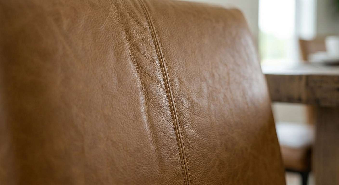 Close-up view of a saddle brown distressed leatherette upholstery fabric, featuring a detailed double-needle topstitch and natural leather grain texture.