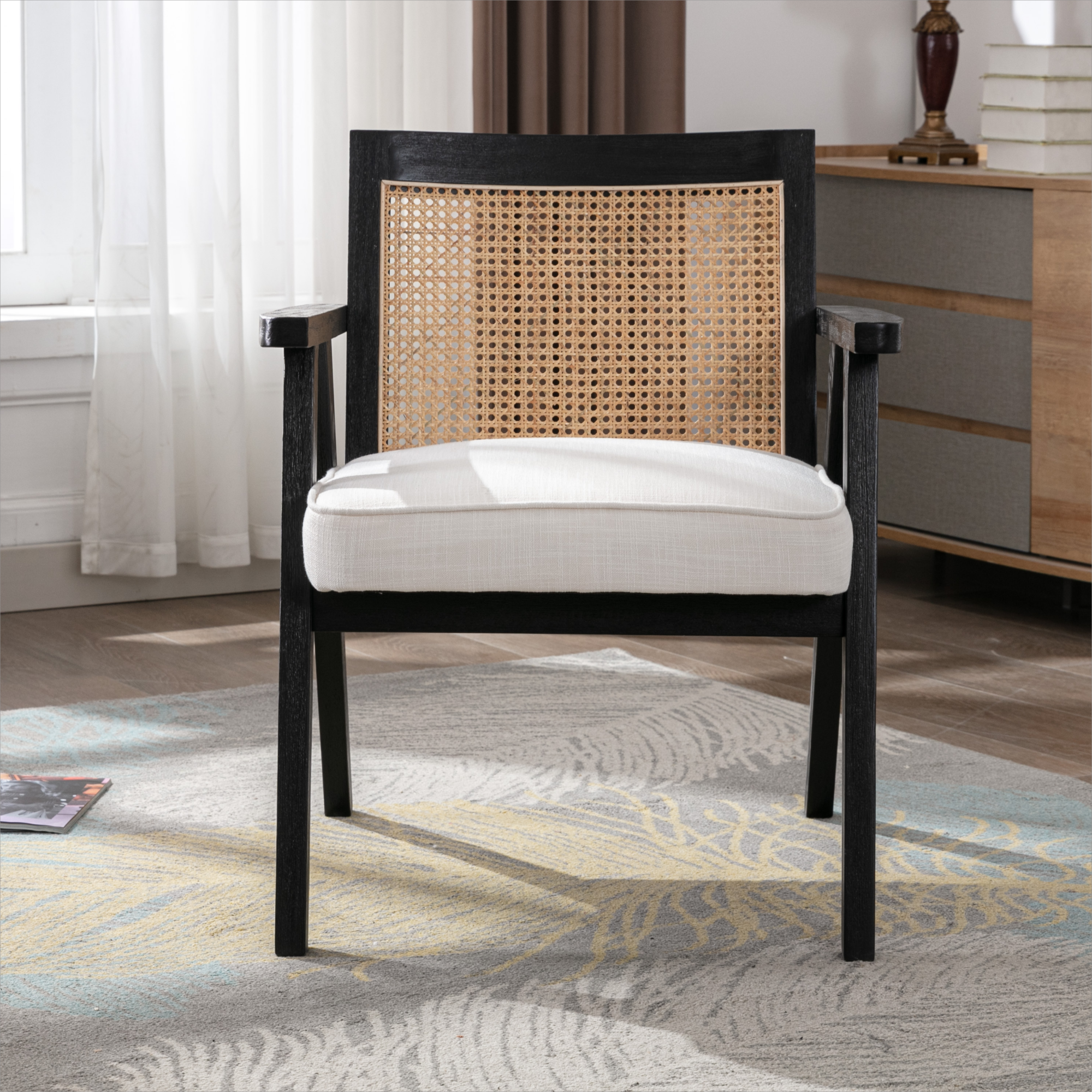 Linen Upholstered Cane Lounge Chair with Wooden Legs