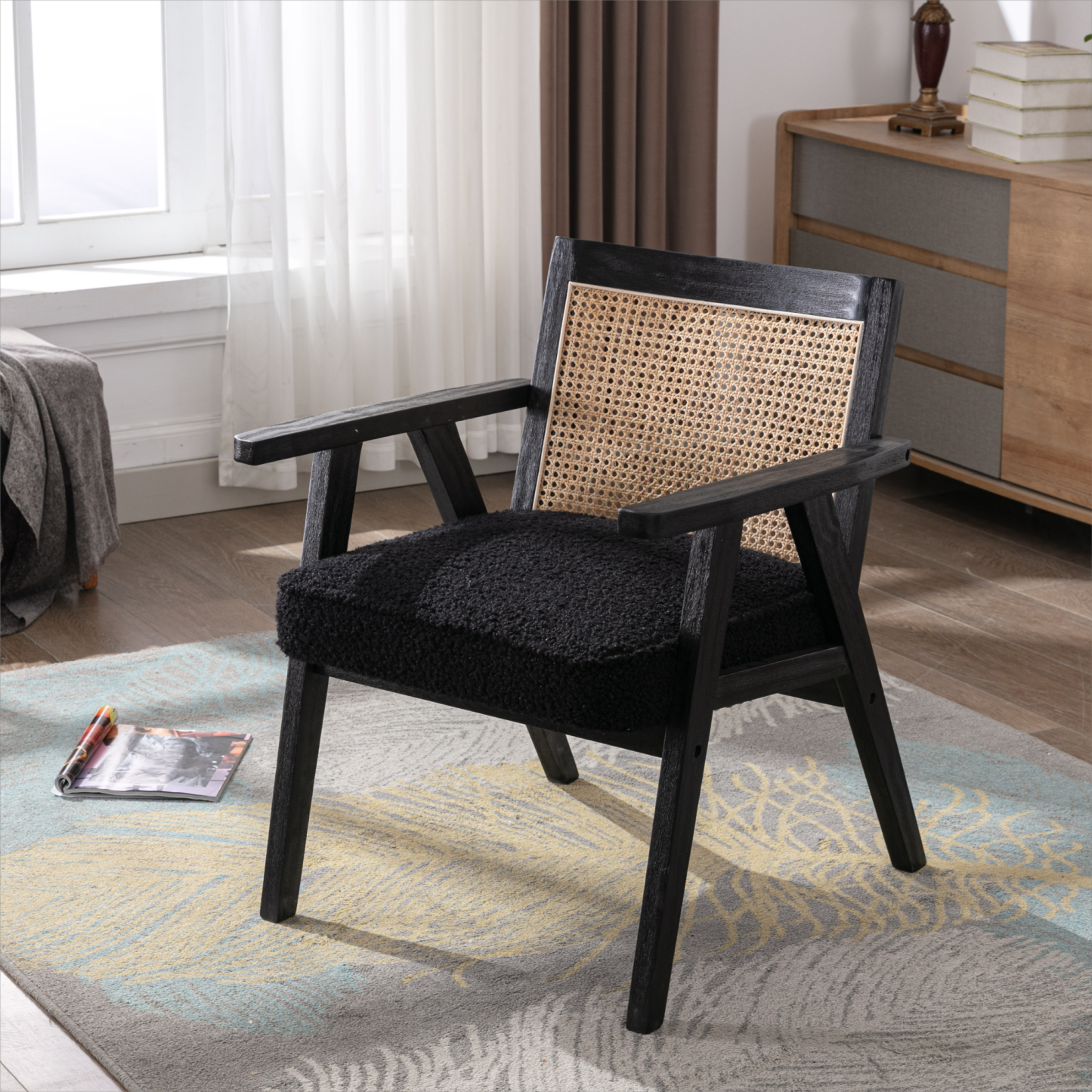 Upholstered Cane Lounge Chair