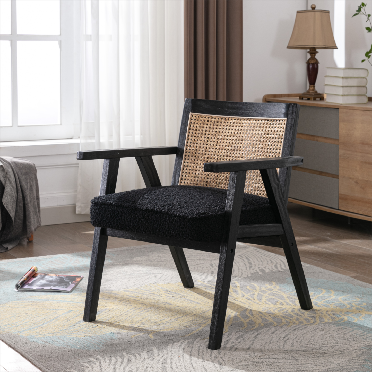 Upholstered Cane Lounge Chair