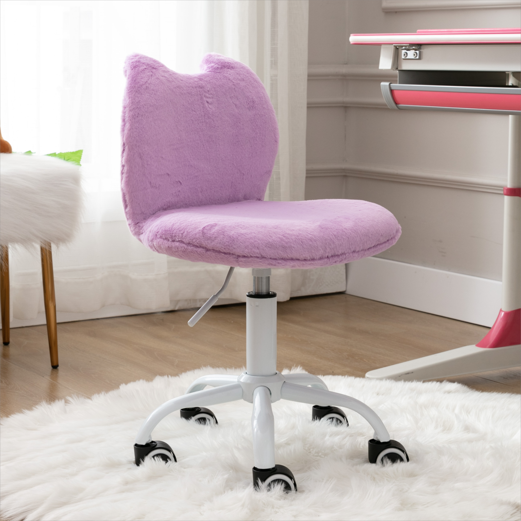 Cat Design Kids Desk Chair Rolling Study Girls Tollder Room Faux Fur
