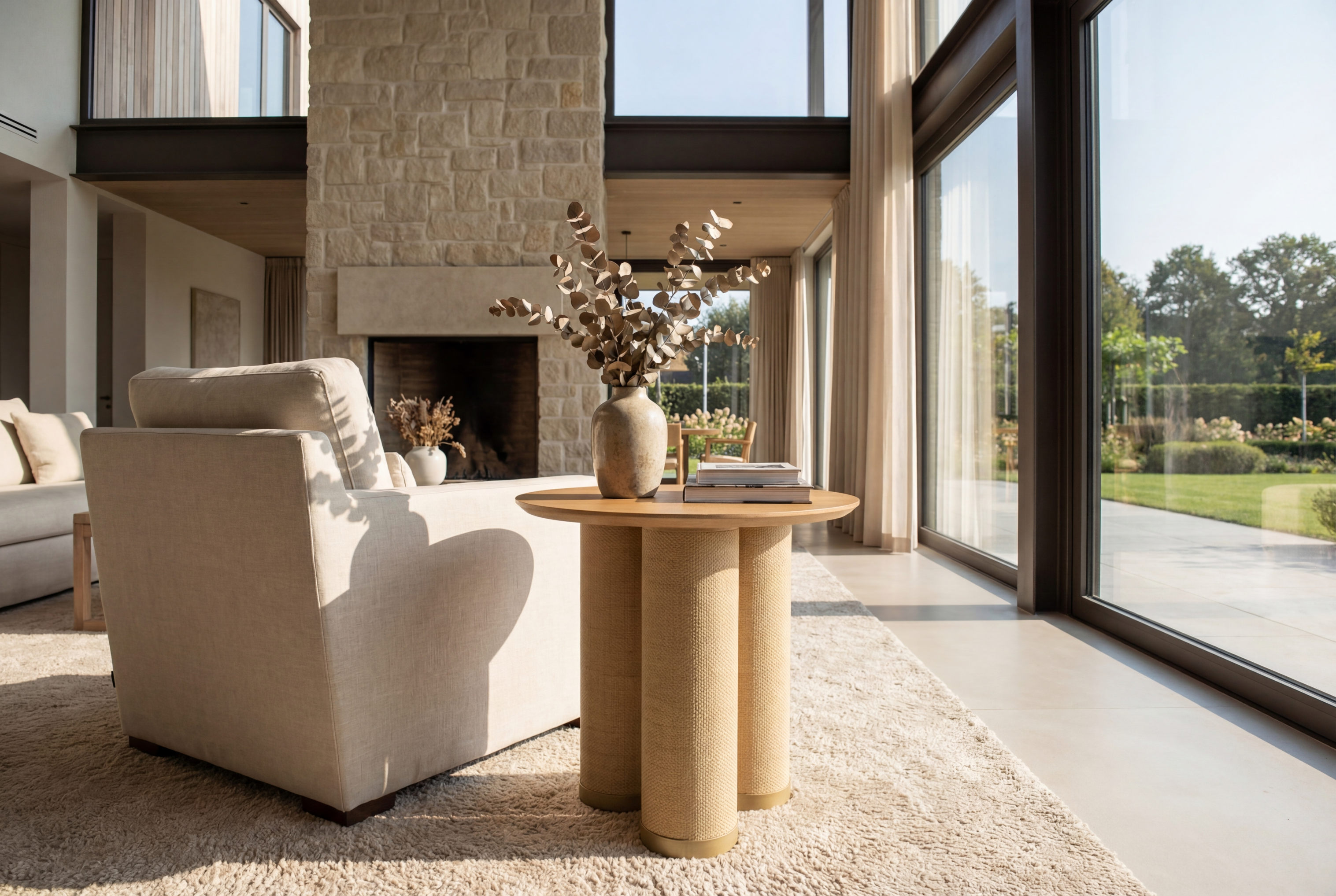 Close-up detail of the oak side table surface and rounded edge