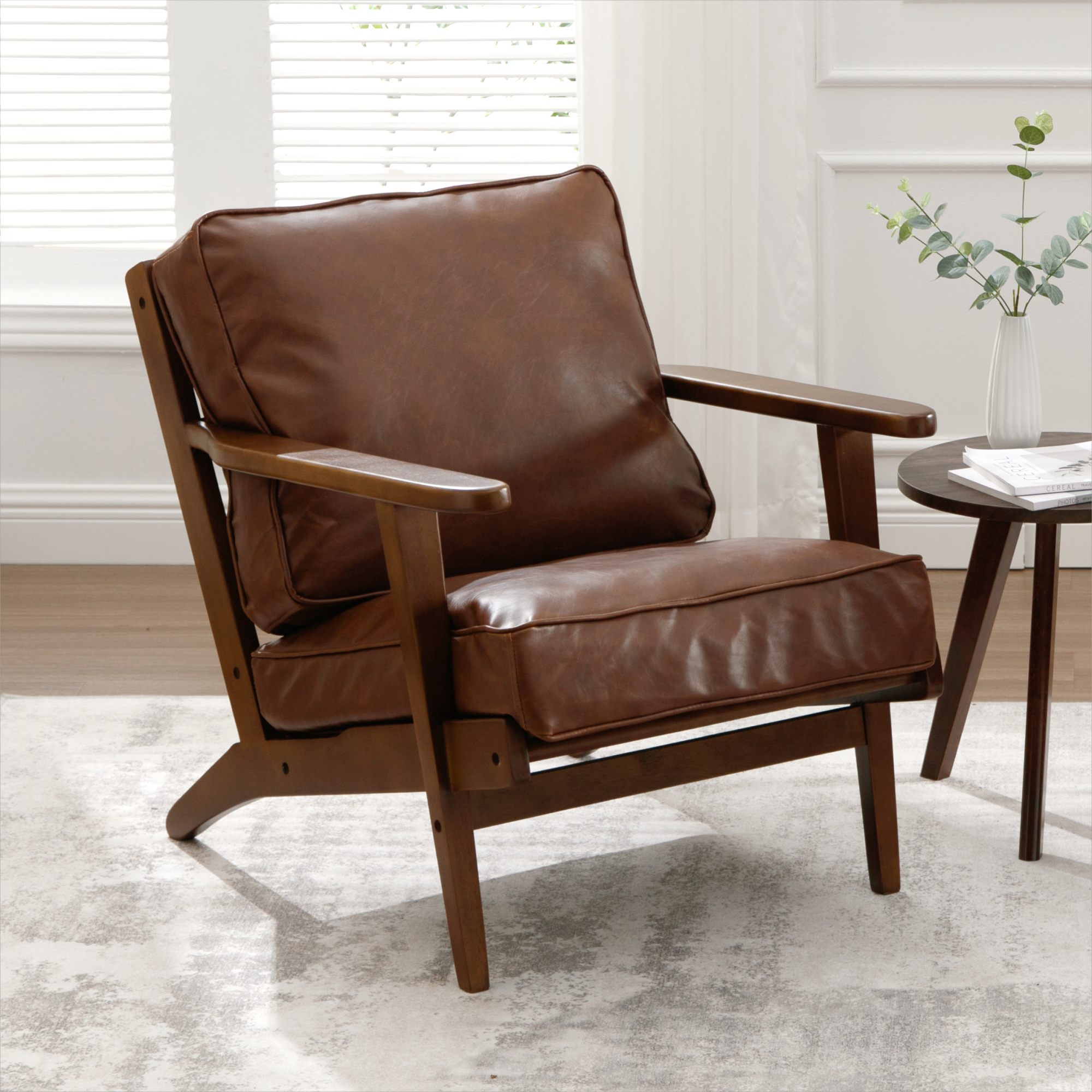 Leather Upholstered Armchair Dark Wooden Frame with Removable Cover