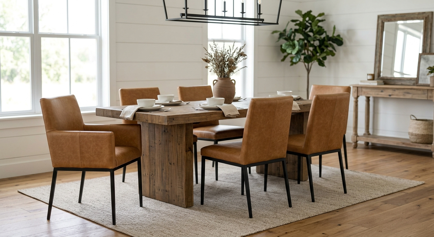 Modern farmhouse dining room featuring a long rustic wood pedestal table set with six tan leather dining chairs on a woven jute rug. Natural light, a Fiddle Leaf Fig plant, and a shiplap wall are in the background.