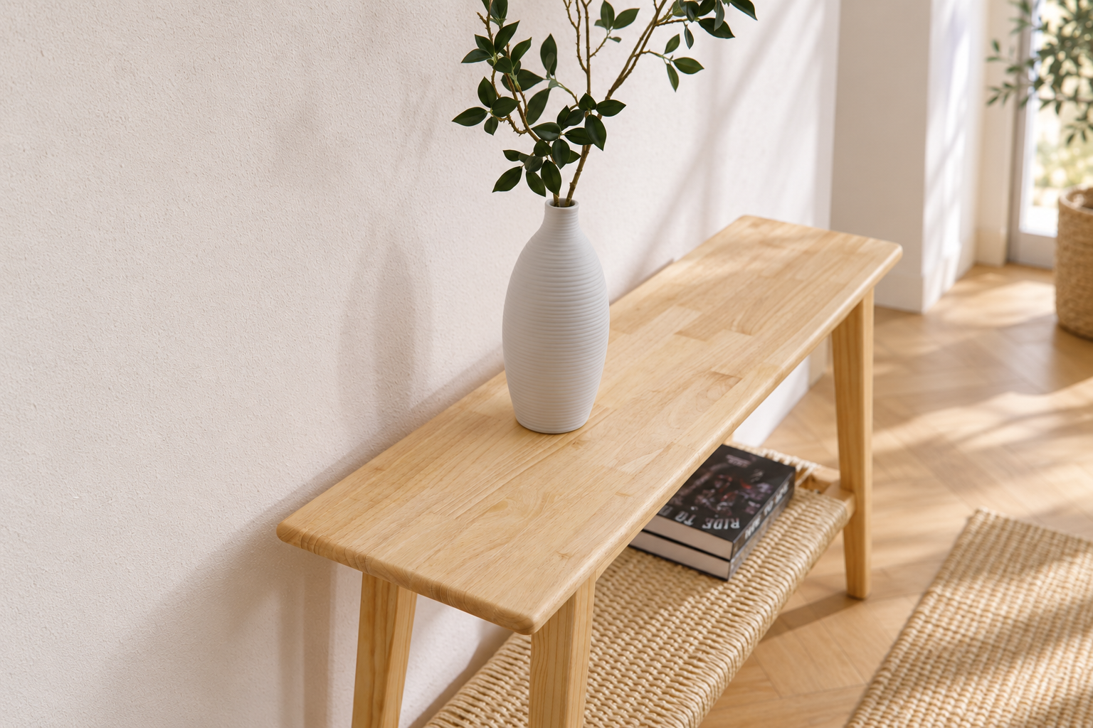 Rattan-style woven drawer fronts on a farmhouse console table