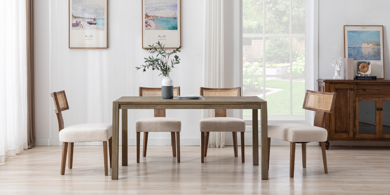 Cane dining chairs with cane backrests and rattan material, creating a stylish and natural look for your dining area.