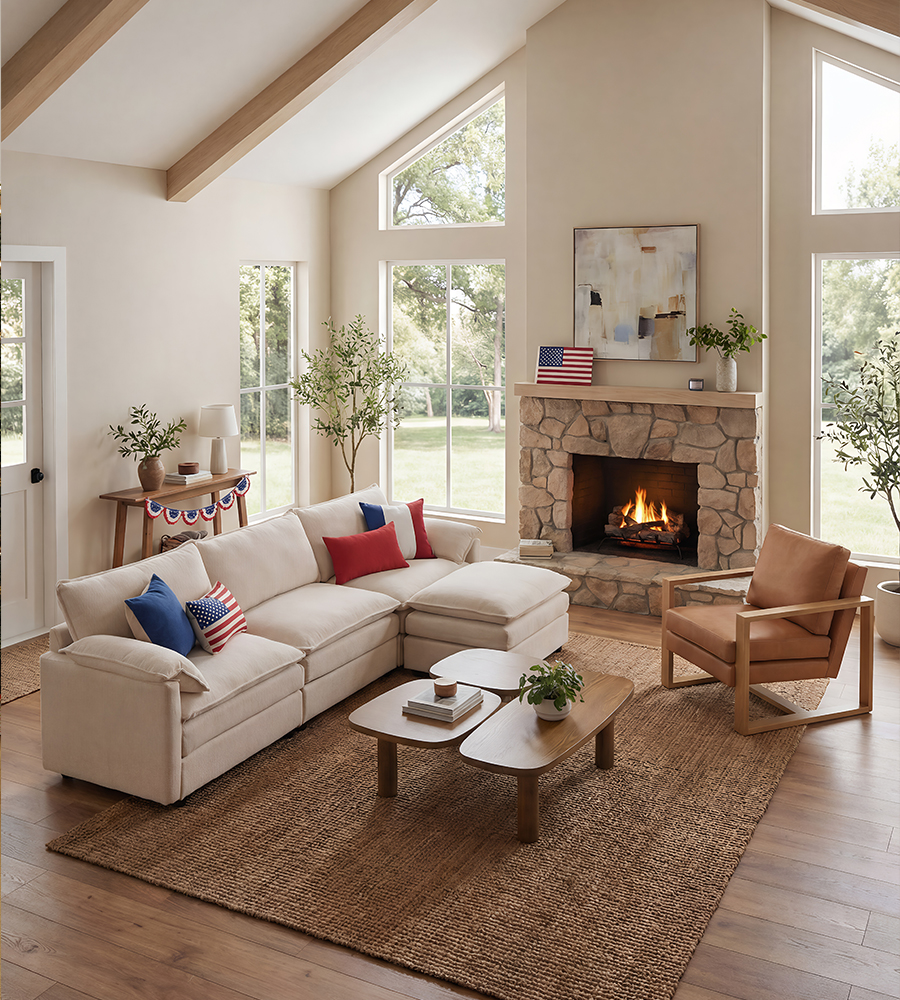 {"default":"Presidents Day home decor sale featuring a white L-shaped sectional, nested wooden coffee tables, and patriotic decorations including a George Washington portrait and American bunting."}
