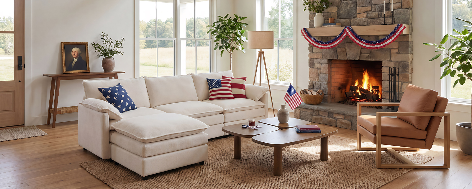 {"default":"Presidents Day furniture sale banner featuring a modern cream sectional sofa, leather accent chair, and stone fireplace decorated with American flags in a high-ceiling living room."}
