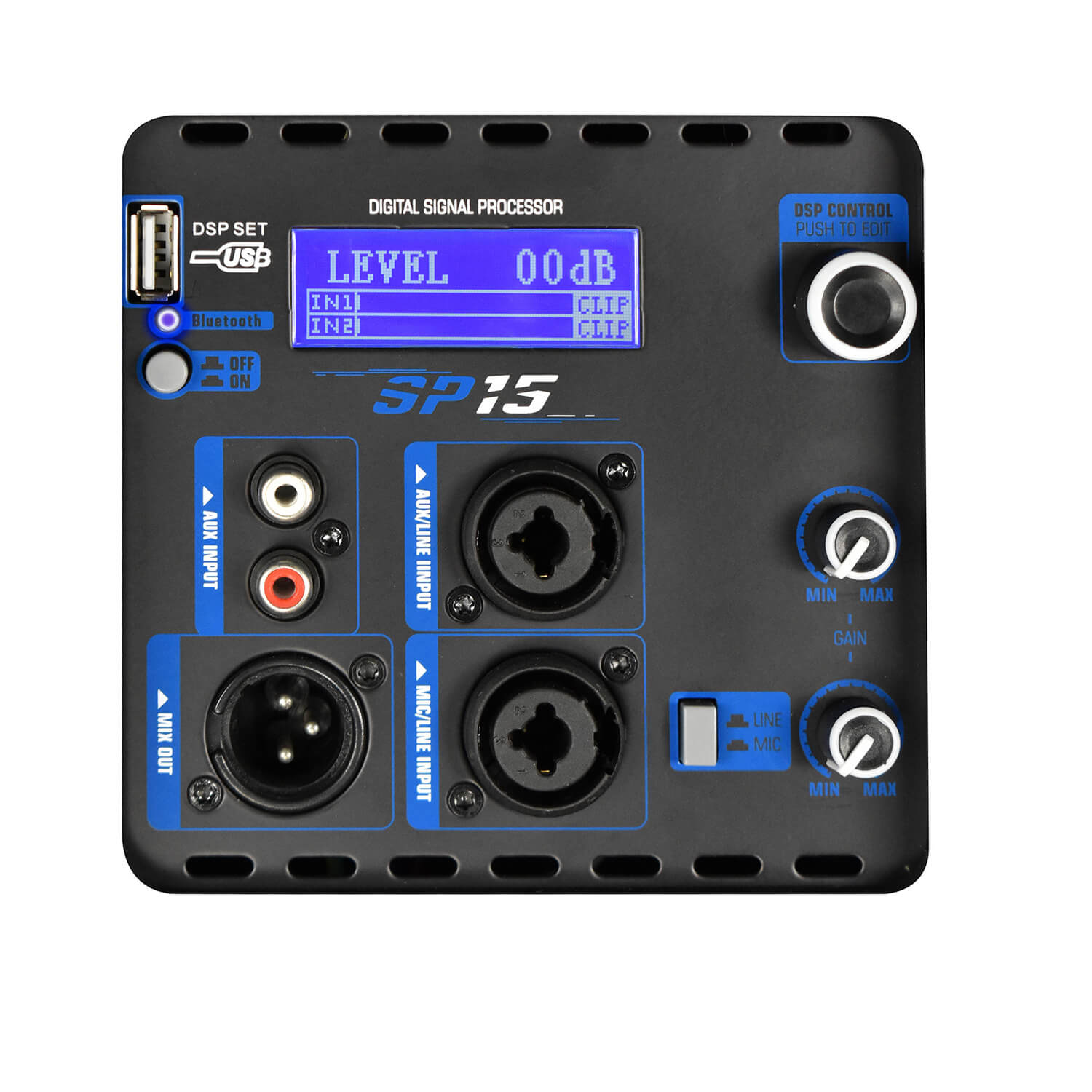 Close-up of DSP control screen on PRORECK SP15 subwoofer