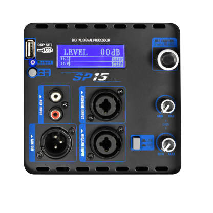 Close-up of DSP control screen on PRORECK SP15 subwoofer