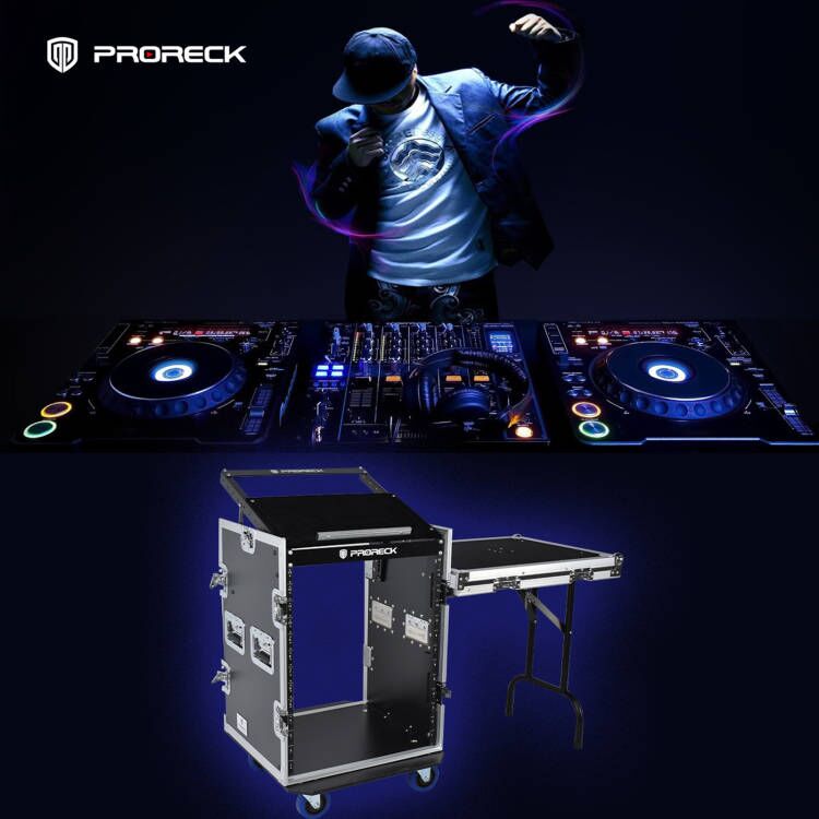 DJ rolling the PRORECK PR-14UT rack case with caster wheels and rubber side handles for easy mobility