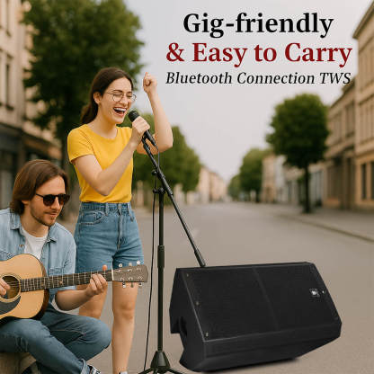 DJ using PRORECK SP15 powered subwoofer at outdoor party