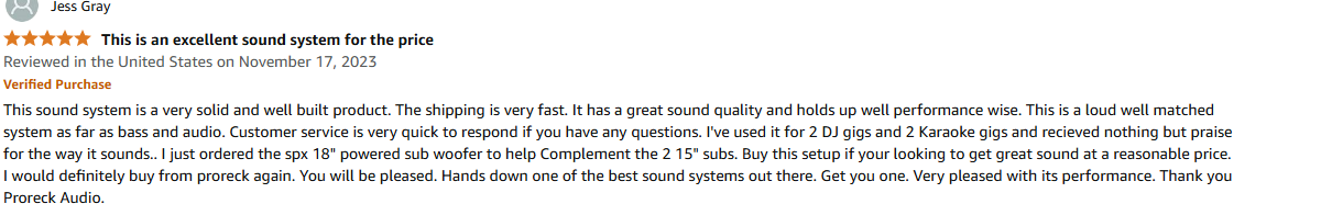 ProReck PA system used at DJ and karaoke gigs delivering balanced sound and strong bass