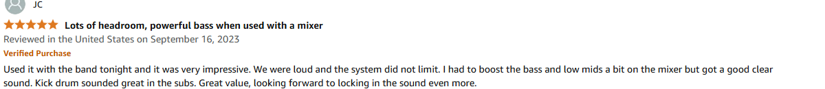 Live band using ProReck speaker system with strong low-end response and high output