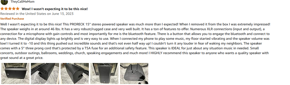 Close-up of PRORECK SP15 speaker in real-world event setup with digital display and Bluetooth