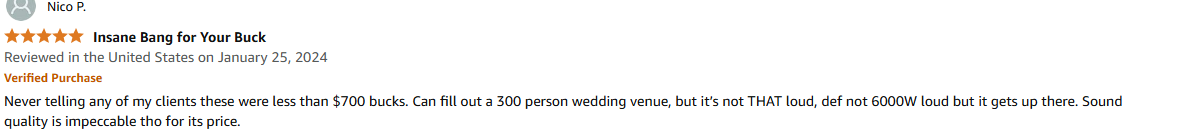 ProReck sound system covering large wedding venue with clean sound under $700 budget