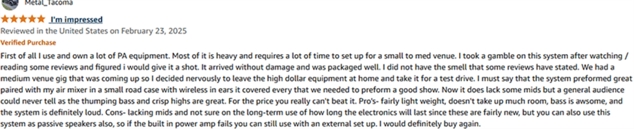 ProReck PA system in use at a medium-sized live performance venue with crisp highs and powerful bass