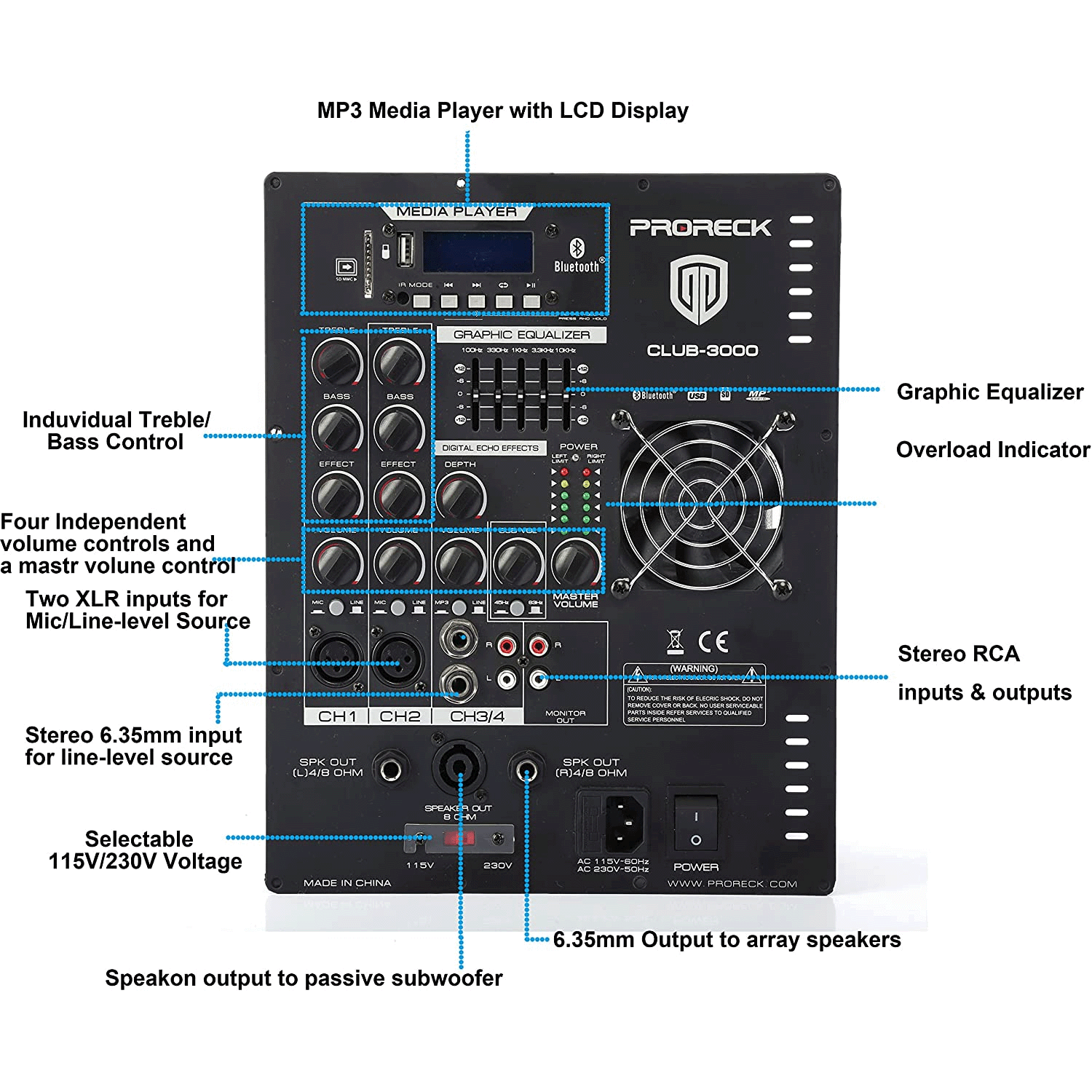 PRORECK Club 3000B | 12-Inch 4-Channel|Powered Subwoofer 12INCH SUBWOOFER POWERED AMP