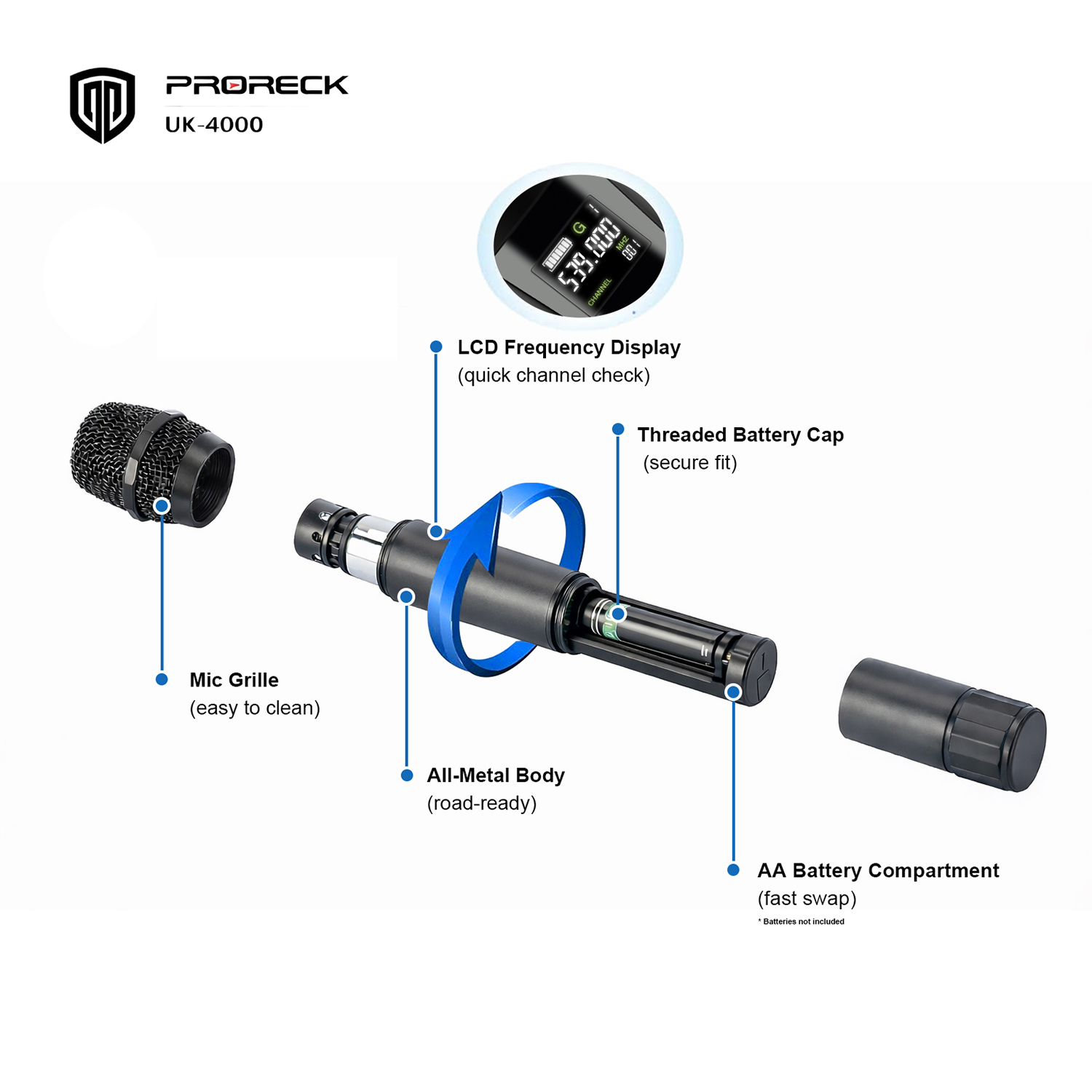 PRORECK UK-4000 UHF 4-Channel Wireless Microphone System (4 Handheld Mics)