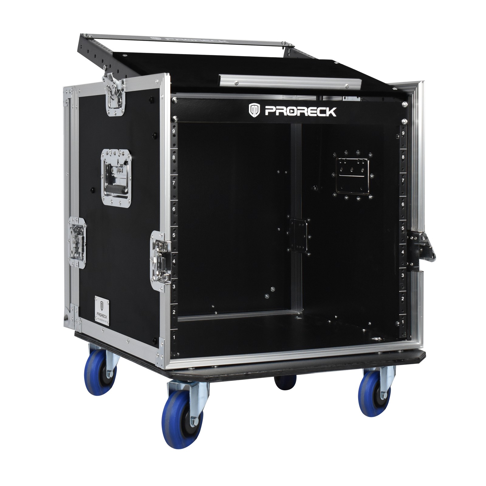 DJ rolling the PRORECK PR-10U rack case with caster wheels and side handles for easy transport