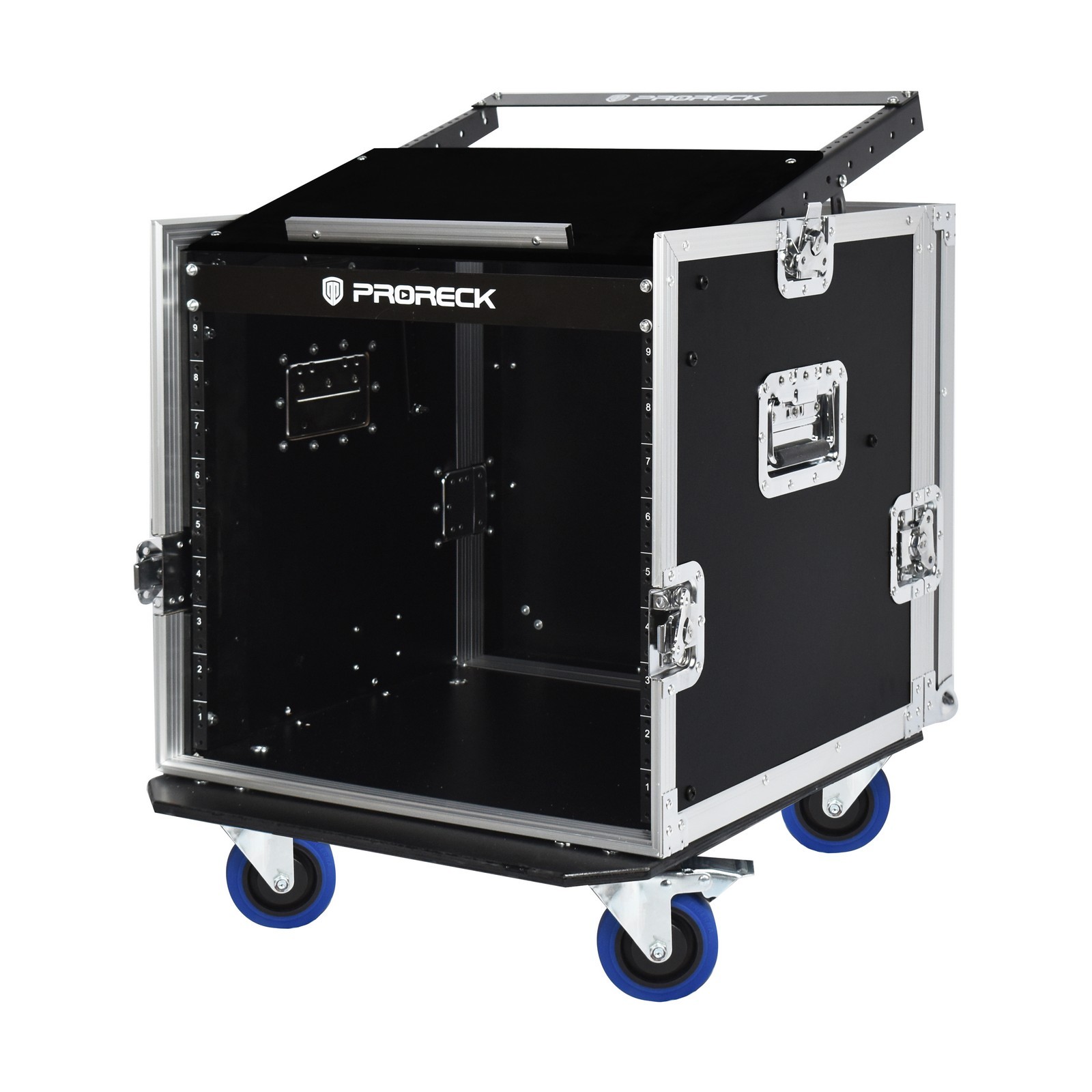 Front view of PRORECK PR-10U 10U rack case – heavy-duty road case with wheels and twist latches for DJ equipment