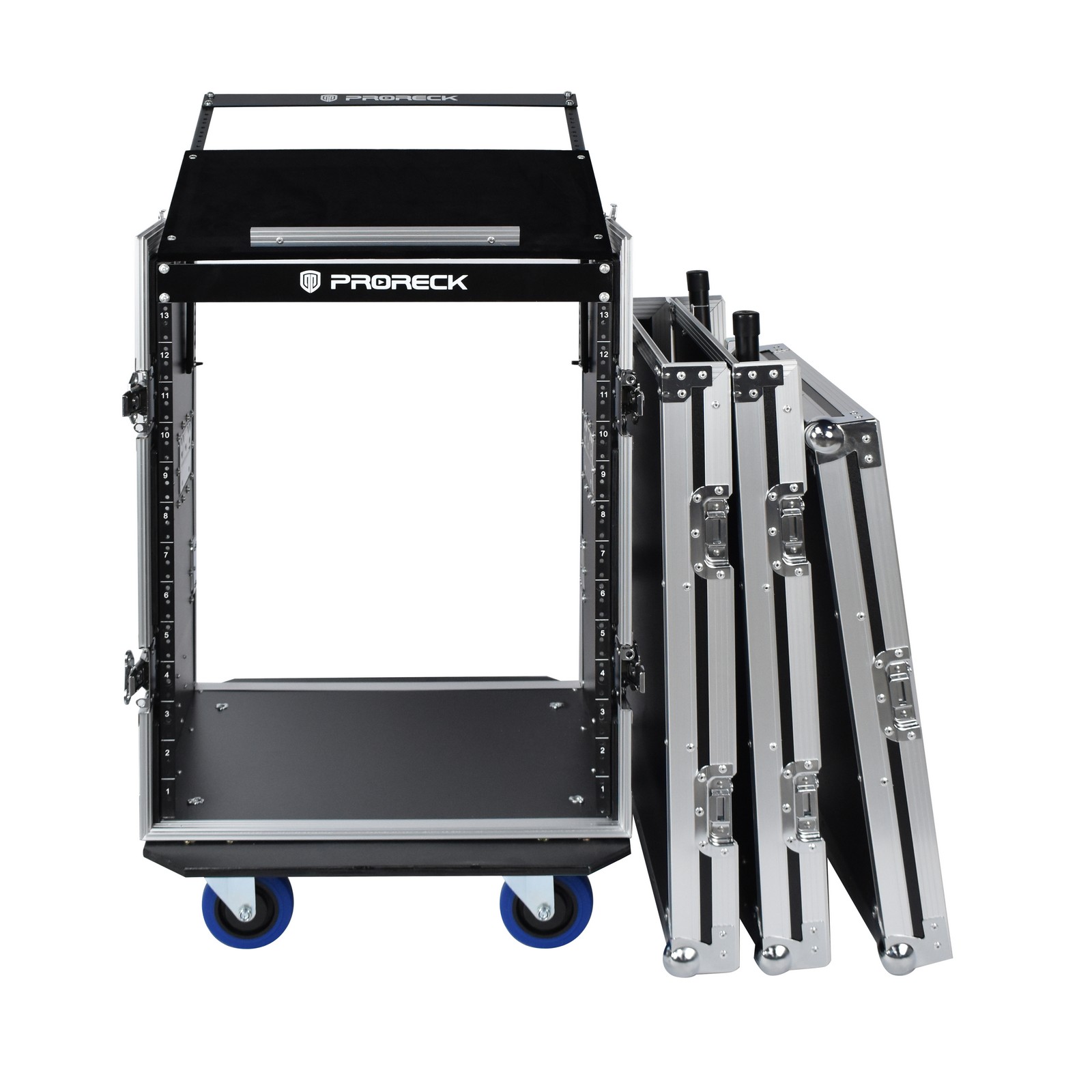 Interior view of PRORECK 14U rack case showing mounting rails and spacious rack area for processors and amplifiers