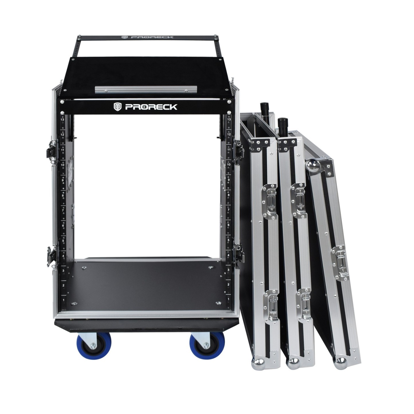 Interior view of PRORECK 14U rack case showing mounting rails and spacious rack area for processors and amplifiers