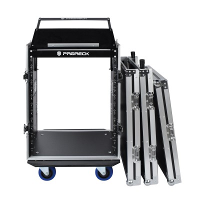 Interior view of PRORECK 14U rack case showing mounting rails and spacious rack area for processors and amplifiers