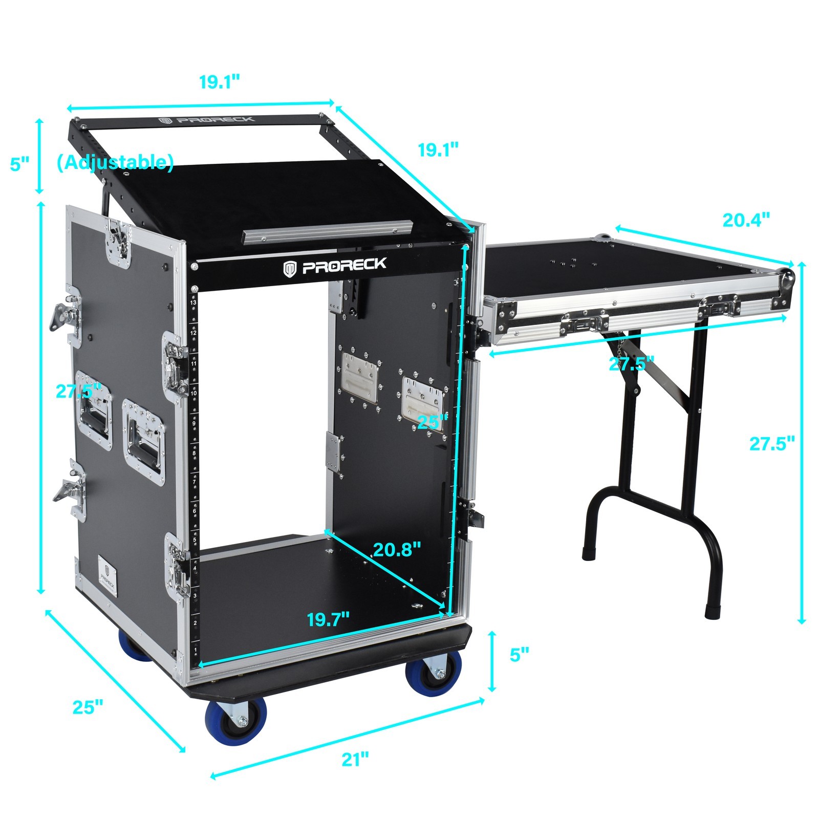 PRORECK PR-14UT 14U rack case dimensions – external size chart with labeled height, width, and depth
