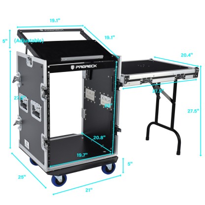 PRORECK PR-14UT 14U rack case dimensions – external size chart with labeled height, width, and depth