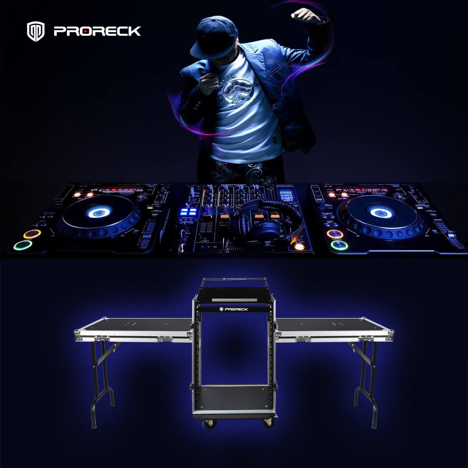 DJ using PRORECK PR-16UW rack case with laptop and controller on extended side tables