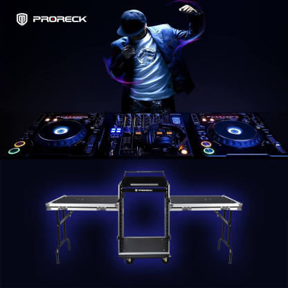 DJ using PRORECK PR-16UW rack case with laptop and controller on extended side tables