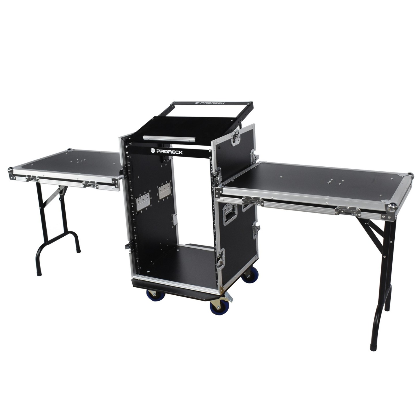 Side view of PRORECK PR-16UW showing dual fold-out workstation tables for audio gear
