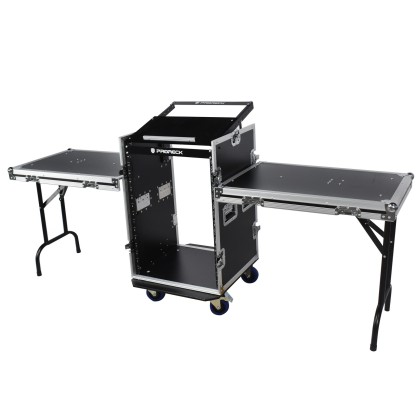 Side view of PRORECK PR-16UW showing dual fold-out workstation tables for audio gear