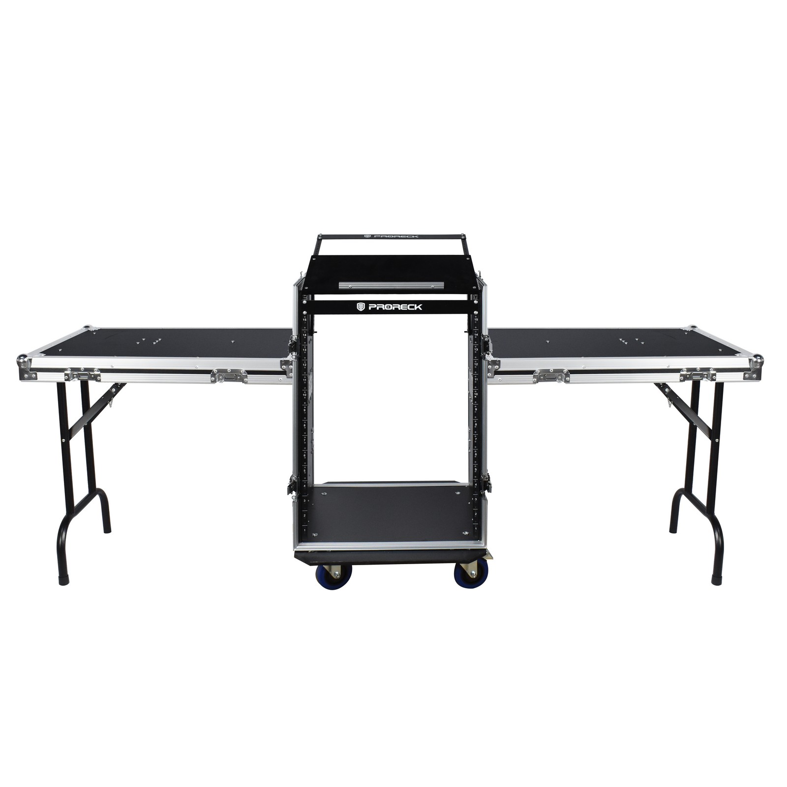 Front view of PRORECK PR-16UW 16U rack case with foldable side tables for DJ equipment