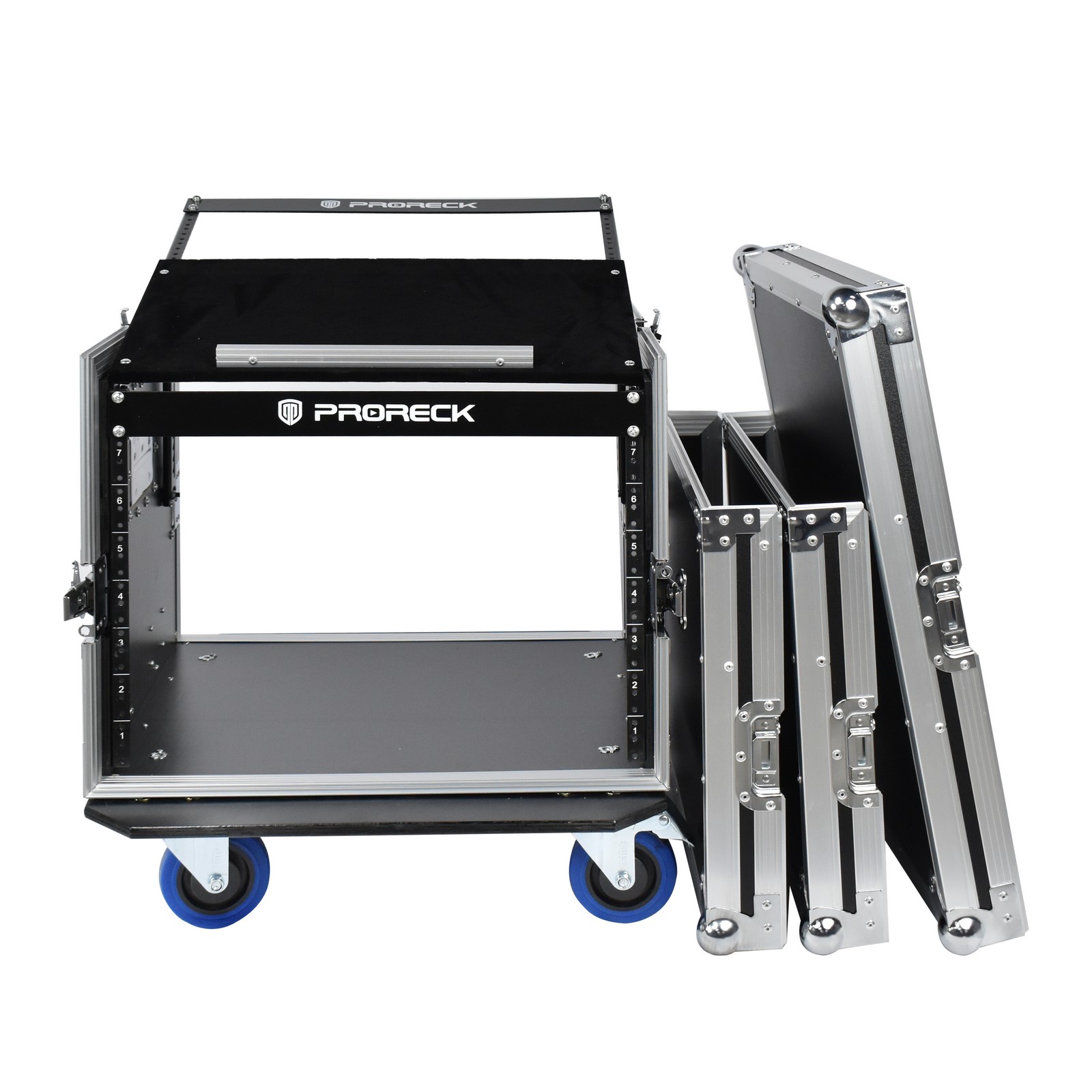 PRORECK PR-8U DJ rack case with front and rear lids open – internal mounting rails visible