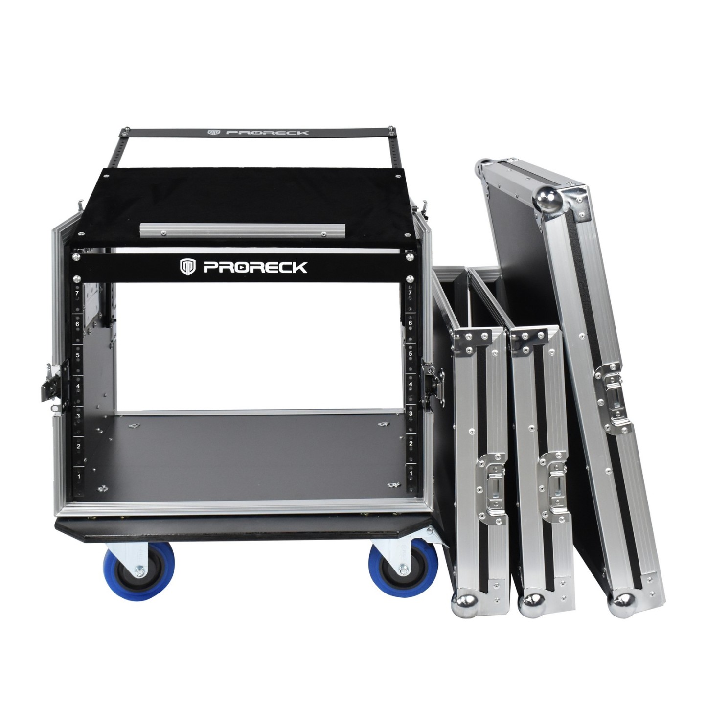 PRORECK PR-8U DJ rack case with front and rear lids open – internal mounting rails visible